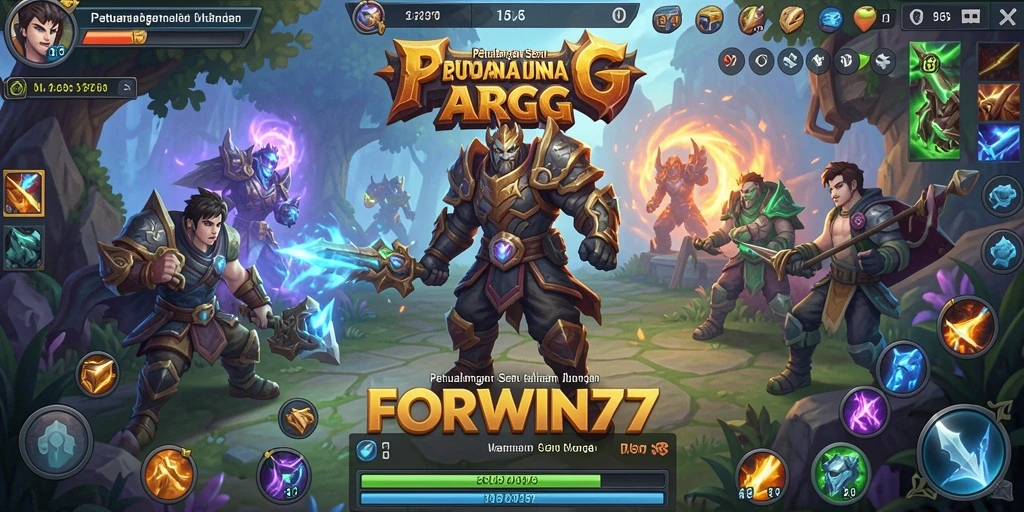 Tampilan gameplay FORWIN77 yang menunjukkan pertarungan epik dan eksplorasi dunia.