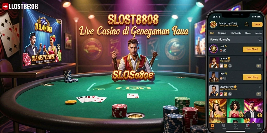 Screenshot gameplay SLOST8808 menampilkan dealer langsung dan tabel permainan.